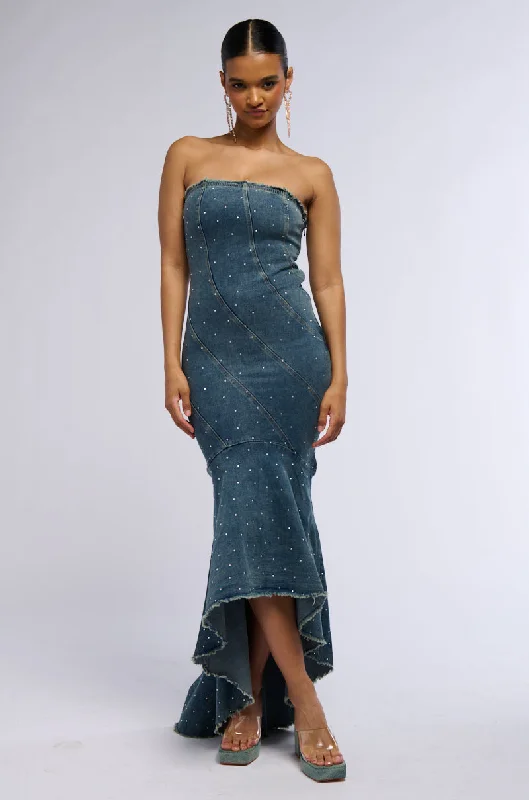 MY OWN MUSE HIGH LOW RHINESTONE DENIM MIDI DRESS