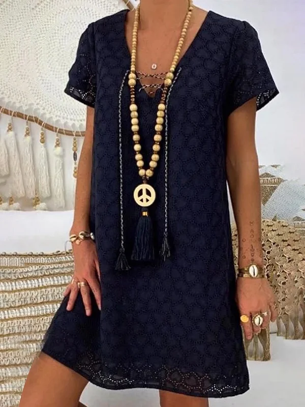 Short Sleeve Casual V-neck Lace Dress