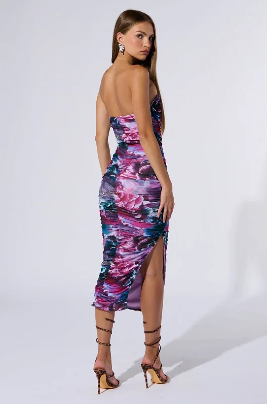 FLORAL FANTASY RUCHED MIDI DRESS