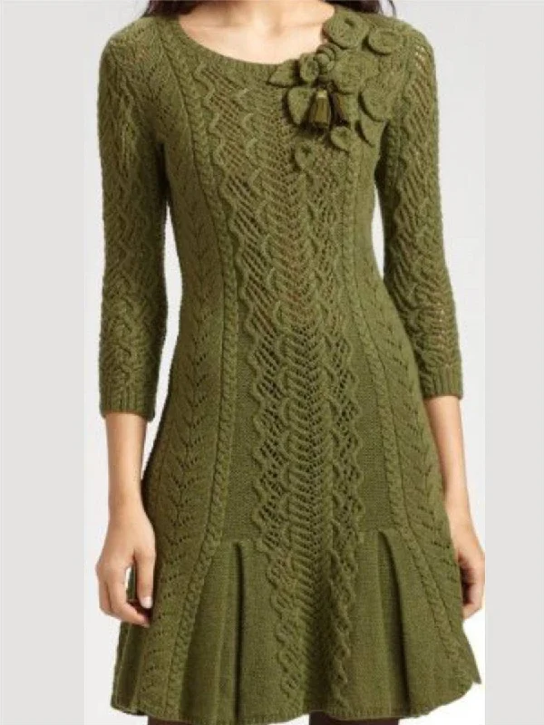 Green Autumn And Winter Elegant Knit Dress