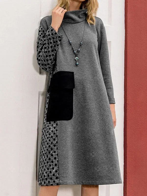 High Collar Polka Dot Stitching Long Sleeve Dress