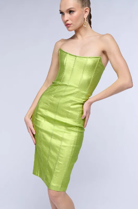 MEET ME IN THE METALLICS MIDI DRESS IN LIME