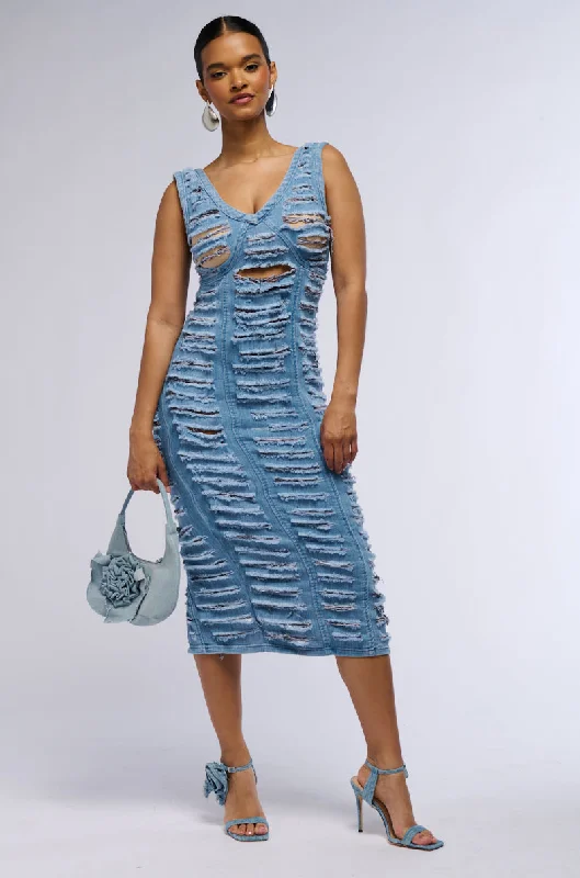 SHE'S GOT IT SHREDDED DENIM MIDI DRESS