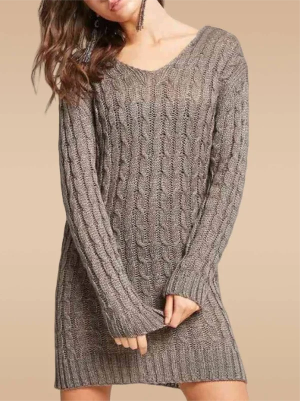 V-Neck Knit Solid Color Dress