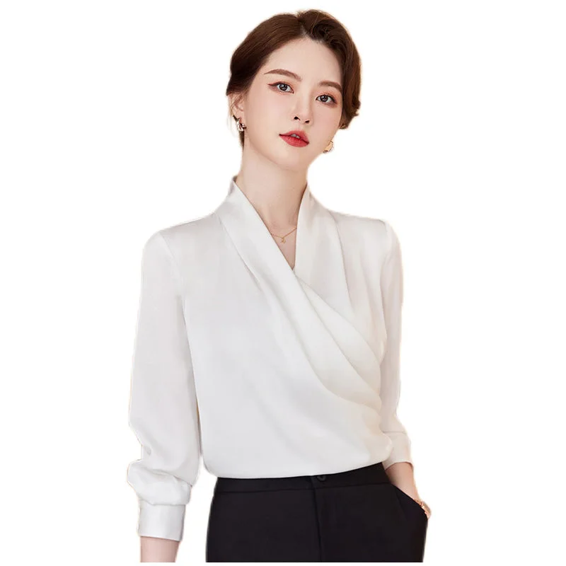 OEM Wholesales Simple High-quality Elegant Shirt V-neck White Women Clothes Tops Office Ladies Blouses