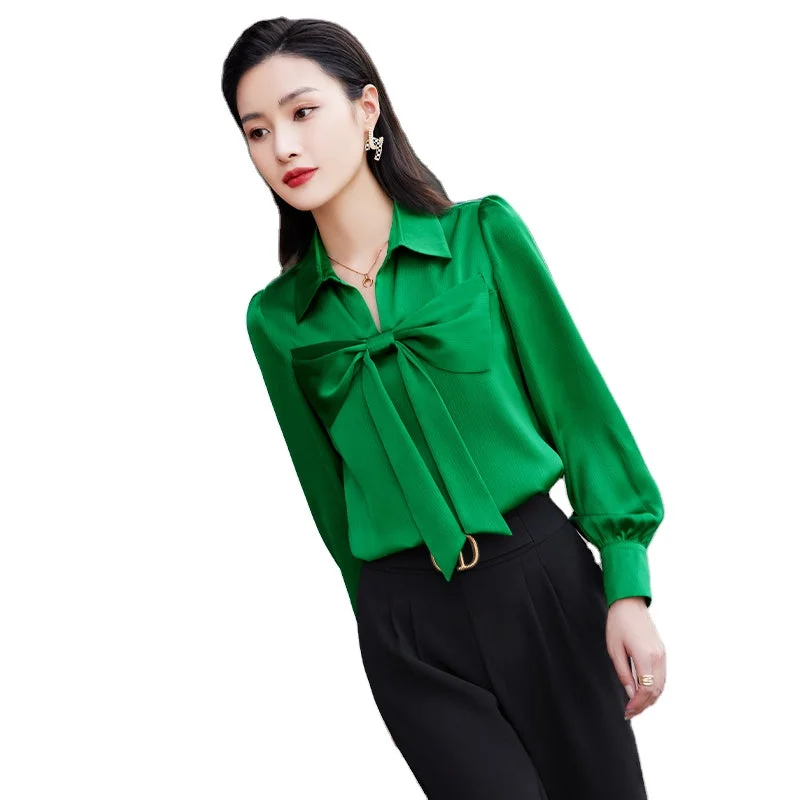 Wholesaler Bow shirt women High quality Office Lady Work wear Full sleeve  Blue blouse OL formal Loose style tops