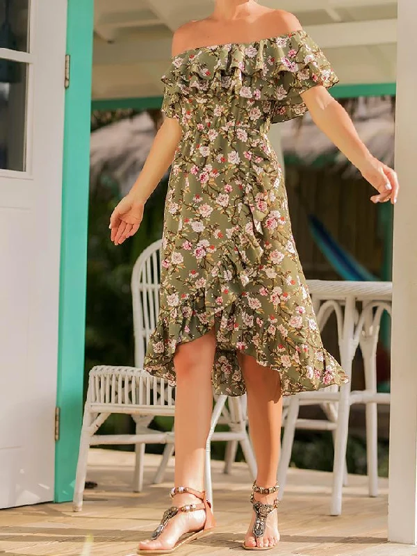 2018 Floral Print Off Shoulder Backless Beach Dress