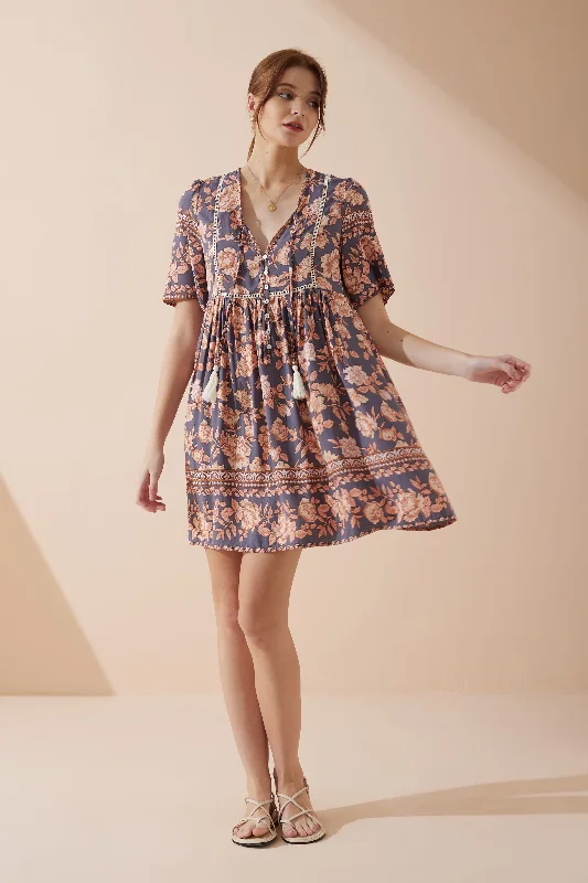 Amarante Navy Peach Floral Boho V-Neck Mini Dress