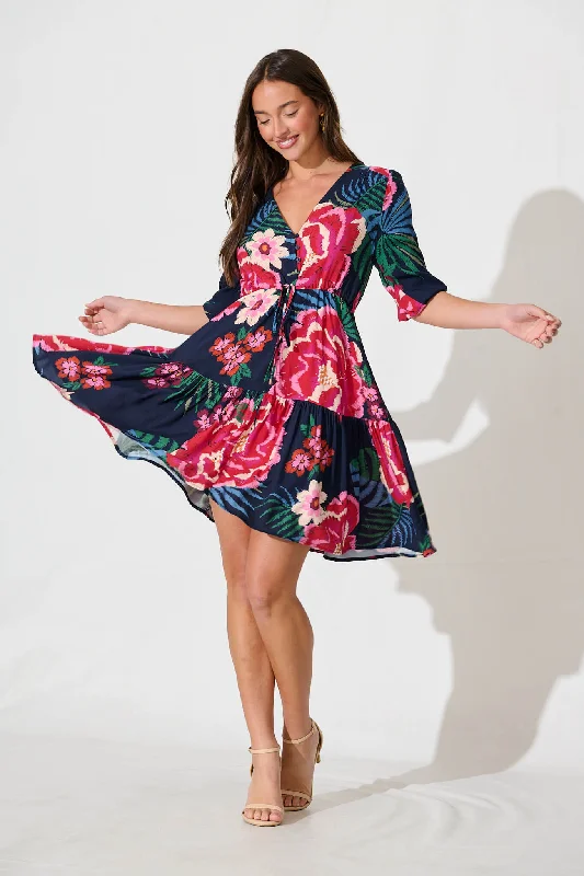 Apollo Dress In Navy With Red Floral Print