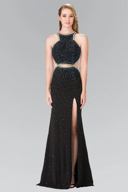 Beaded High-Neck Long Prom Dress Accented with Slit