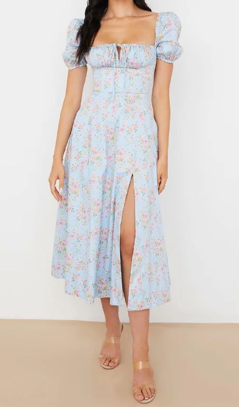 BLUE VINTAGE FLORAL PUFF SLEEVE MIDI DRESS