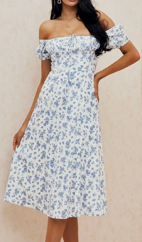 BLUE WHITE FLORAL MIDI DRESS