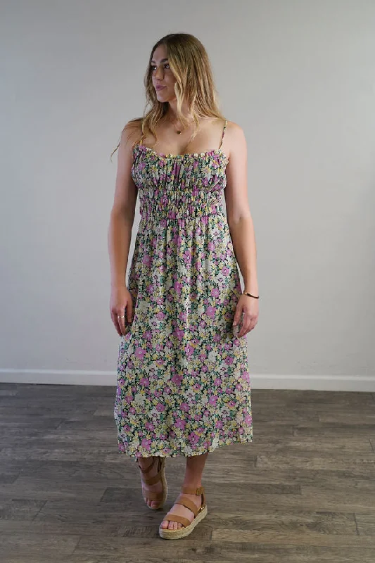 CLEARANCE-Elastic Waist Floral Midi Dress