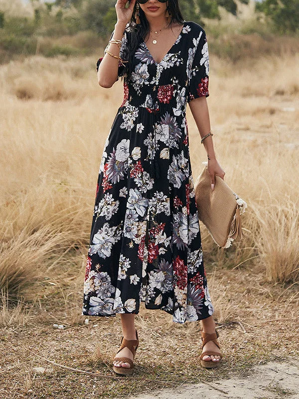 Elegant Deep V Neck Short Sleeve Floral Maxi Dress