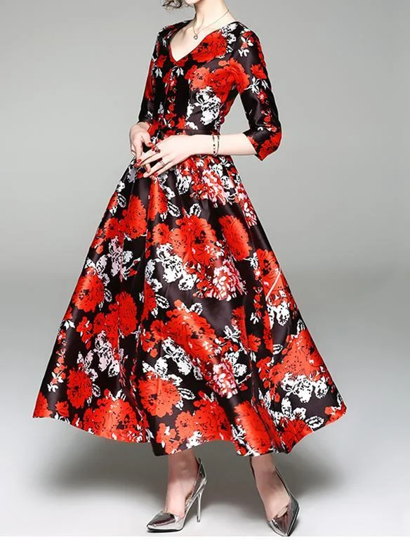 Elegant Floral Print Vintage Party Evening Maxi Dress