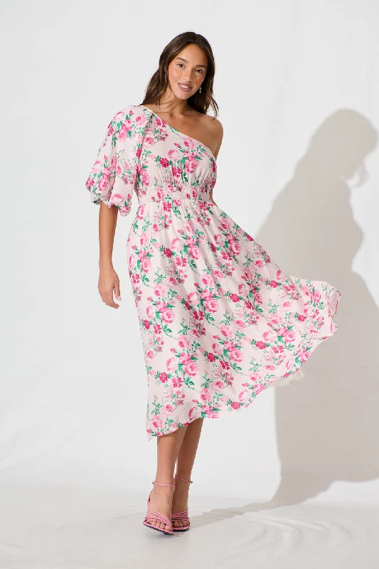 Esen Midi Dress in Pink and Green Floral Cotton Blend