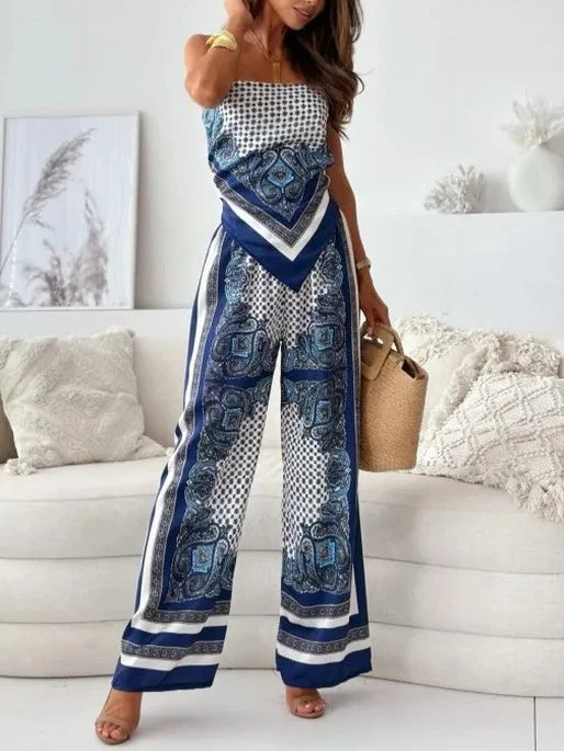 Exquisite Floral Print Suspender Wrap Chest Trousers Two-Piece Set