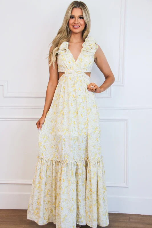 Floral Fantasy Ruffle Cutout Maxi Dress: Ivory Multi