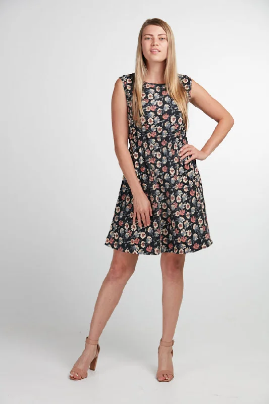 Floral Print A Line Corduroy Dress Black