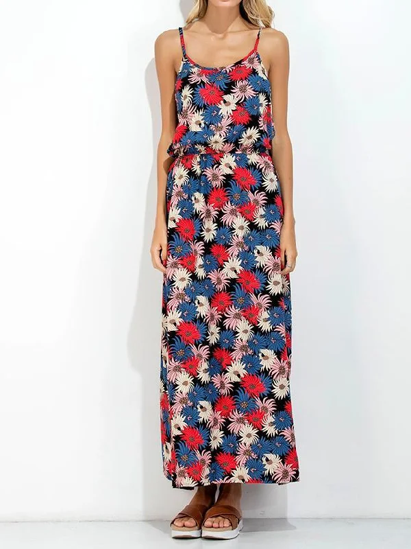 Floral Print Spaghetti Strap Backless Bohemia Maxi Dress