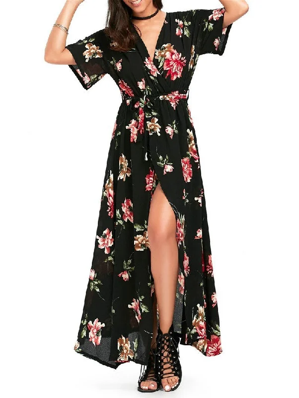 Floral Print V Neck Split Belted Beach Maxi Dress