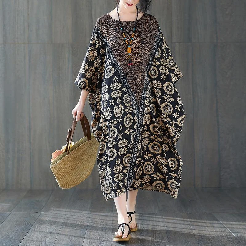 Quality Vintage Floral Print for Women Batwing Long Dress