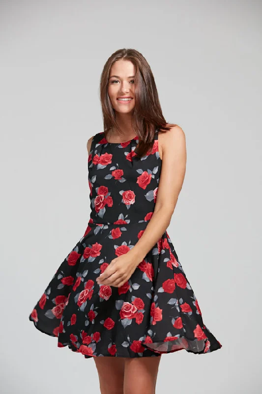 Red Roses Print Black Dress