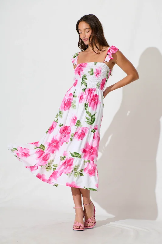 Rylee Midi Dress in White with Pink Floral Linen Blend