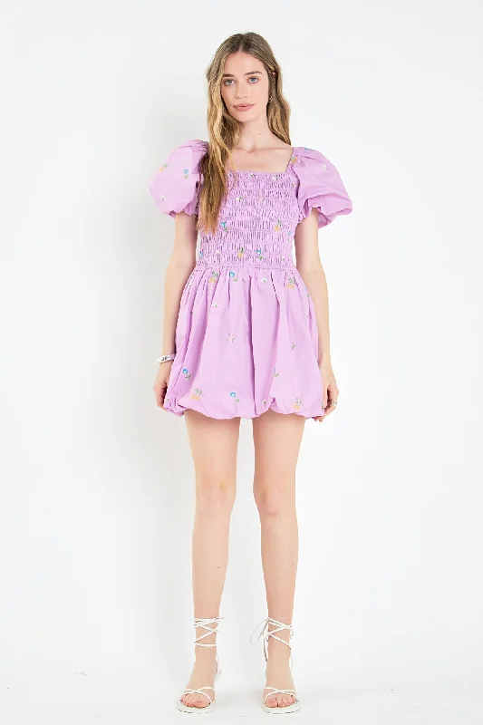 Smocked Dress with Balloon Sleeves