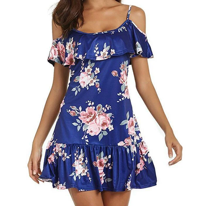 Summer Hot Print Spaghetti-strap Ruffle Pleated Off-shoulder Dress For Women