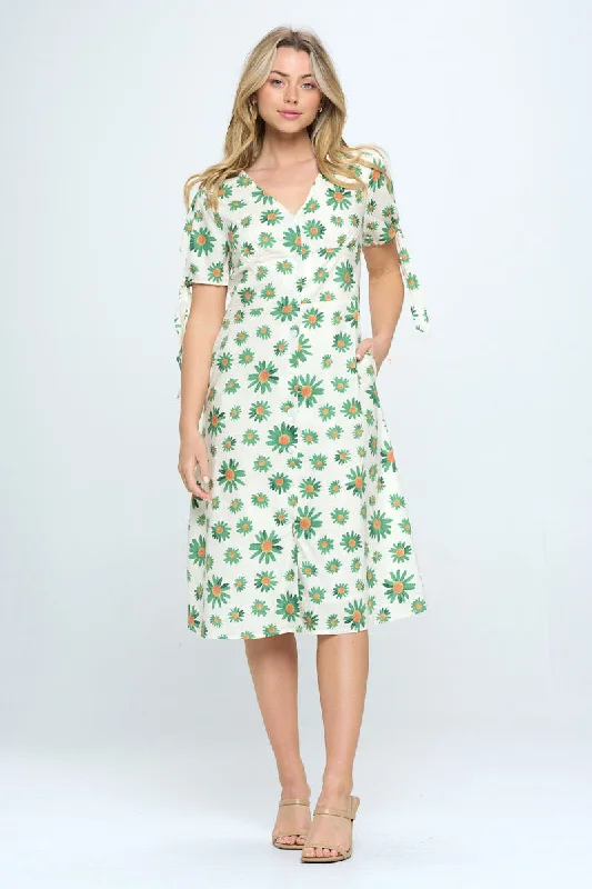 Sunflower Print V-Neck with Sleeve Tie Dress