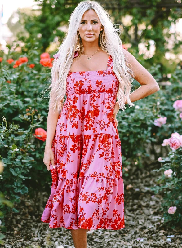 Tie Shoulder Straps Tiered Floral Dresses