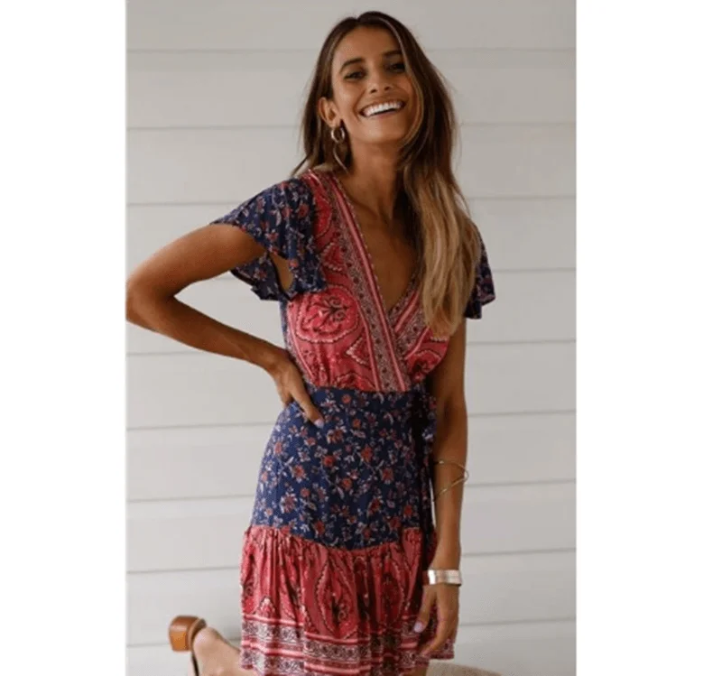 V-neck sexy bohemian print dress for women