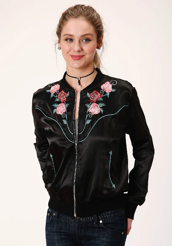 Women's Roper Black Satin Bomber Jacket w/ Floral Embroidery