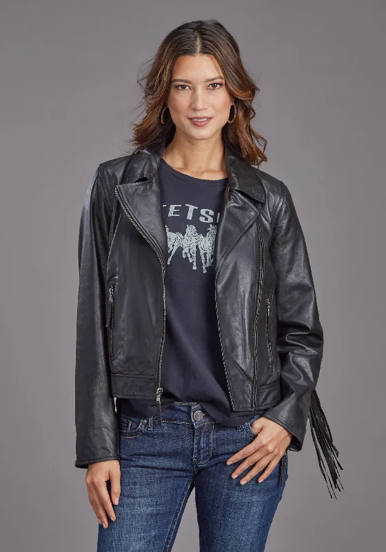 Women's Stetson Black Leather Motorcycle Jacket w/ Fringe