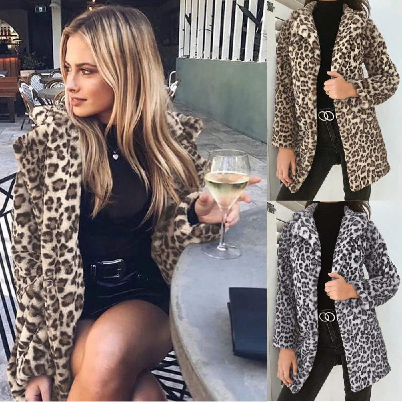 2019 Newest Hot Womens Autumn Winter Leopard Fluffy Fleece Jacket Coat Cardigans Hooded Jumper Tops Clubwear