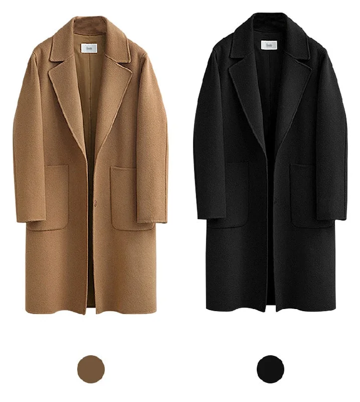 2019 Winter Black Coat For Women Wide Lapel Pocket  Woollen Cloth & Polyester Wool Blend Coat Oversize Long Trench Coats Outwear