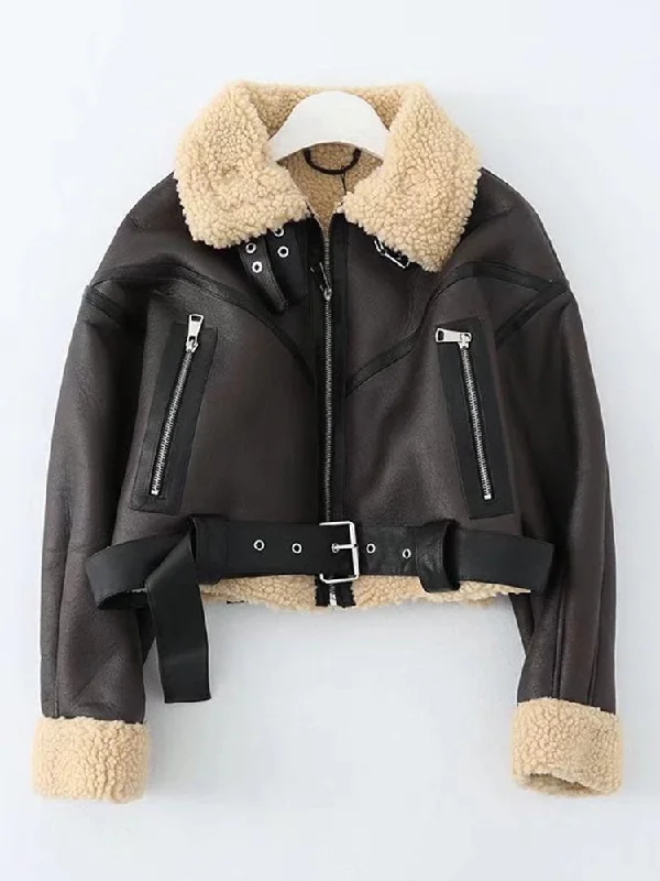 Winter Women Streetwear Faux Lamb Leather Fur Short Jacket