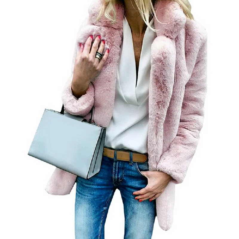 JODIMITTY Women Faux Fur Coats Winter Solid Fashion Open Point Outwear Female Luxury Long Sleeve Warm Thick Fluffy Jacket Coat