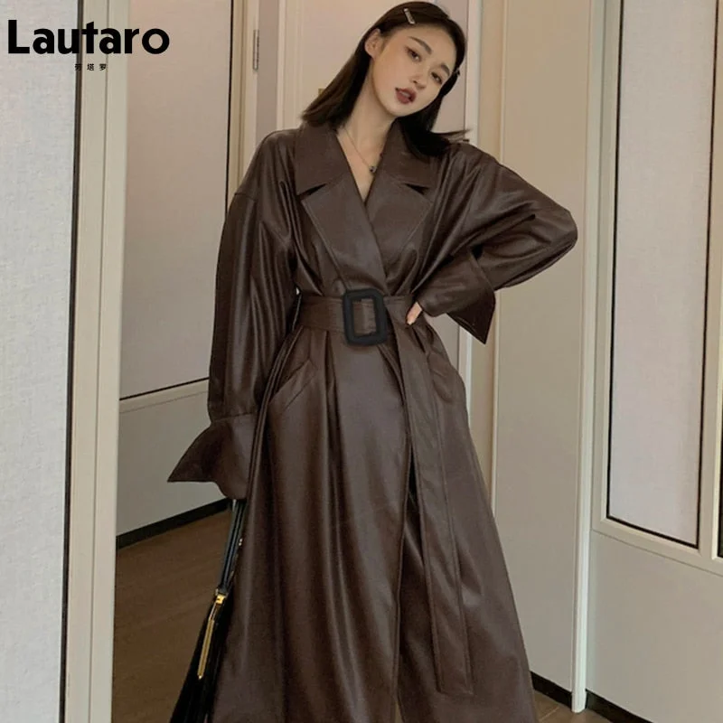 Autumn Long Oversized Brown Faux Leather Trench Coat for Women