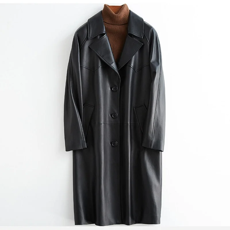 Spring Autumn Black Oversized Leather Trench Coat for Women Raglan