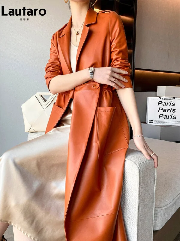 Lautaro Spring Autumn Long Orange Soft Faux Leather Coat Women Pockets