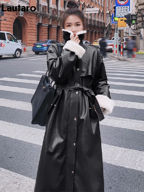 Winter Long Warm Thick Leather Trench Coat for Women with Faux Fur