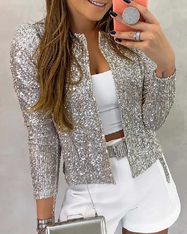 Long Sleeve Open Front Sequin Coat Women Casual Female Jacket Sequin Pearls Buttons Coat O-Neck Out Wear Ladies