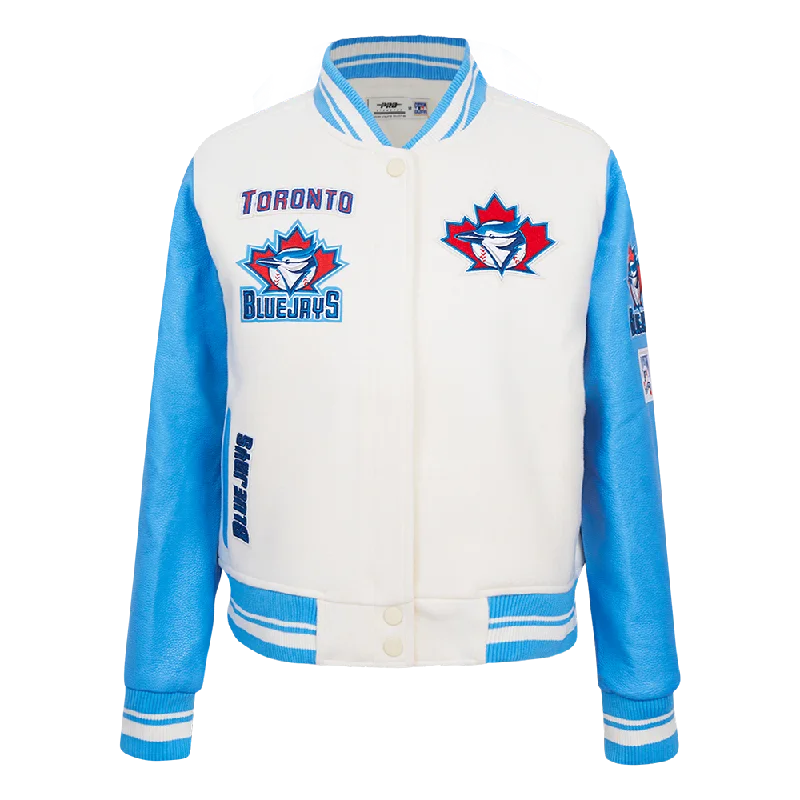 MLB TORONTO BLUE JAYS RETRO CLASSIC WOMEN'S RIB WOOL VARSITY JACKET (EGGSHELL/ UNIVERSITY BLUE)