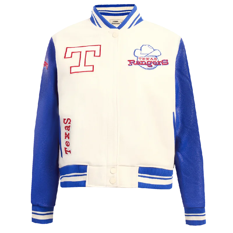 MLB TEXAS RANGERS RETRO CLASSIC WOMEN'S RIB WOOL VARSITY JACKET (EGGSHELL/ROYAL BLUE)