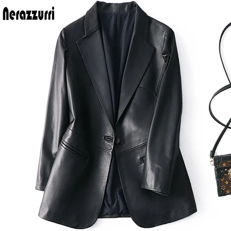 Spring Autumn Black Leather Blazer Women Single Button Slim Fit