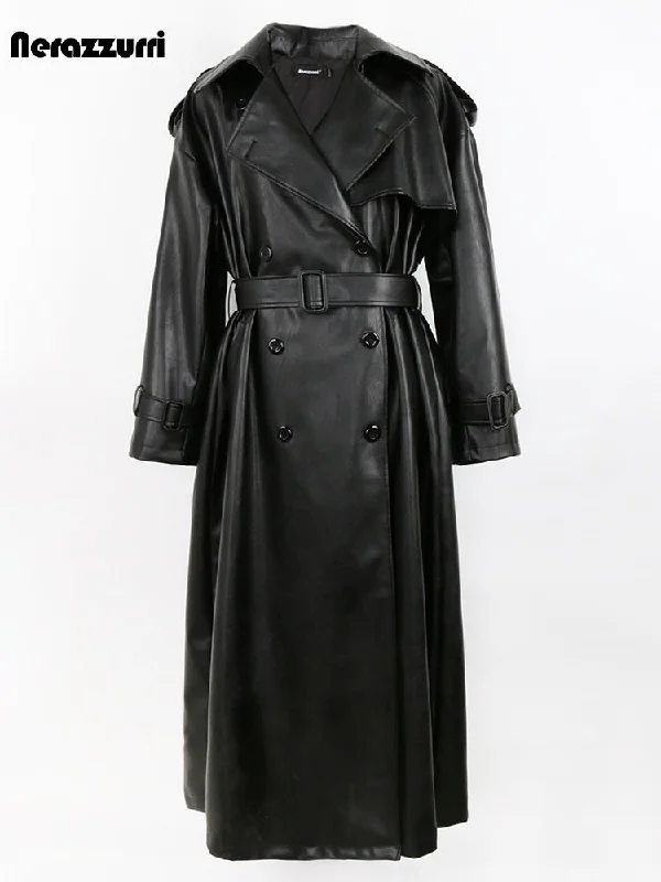 Spring Autumn Long Oversized Black Pu Leather Trench Coat