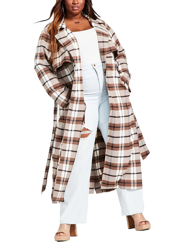 Plus Womens Plaid Long Trench Coat