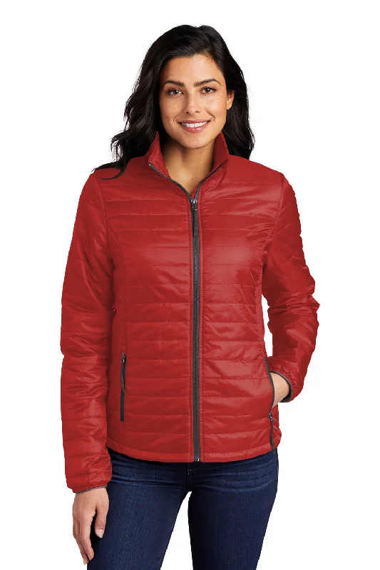 Port Authority Womens Water Resistant Packable Puffy Full Zip Jacket - Fire Red/Graphite Grey